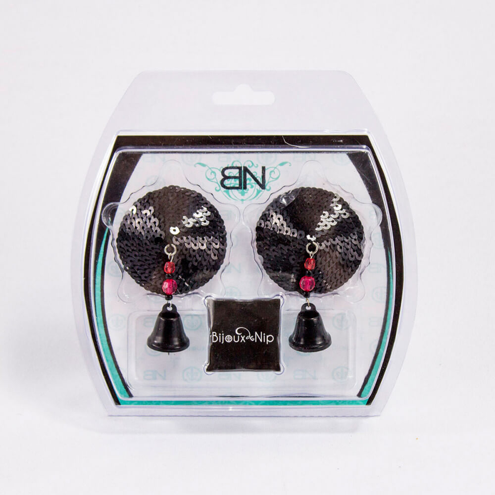 The packaging for the Bijoux de Nip Sequin Pasties with Bells. They come in completely plastic, blister-pack packaging. With careful care, this could be resealed to storage the pasties. | Kinkly Shop