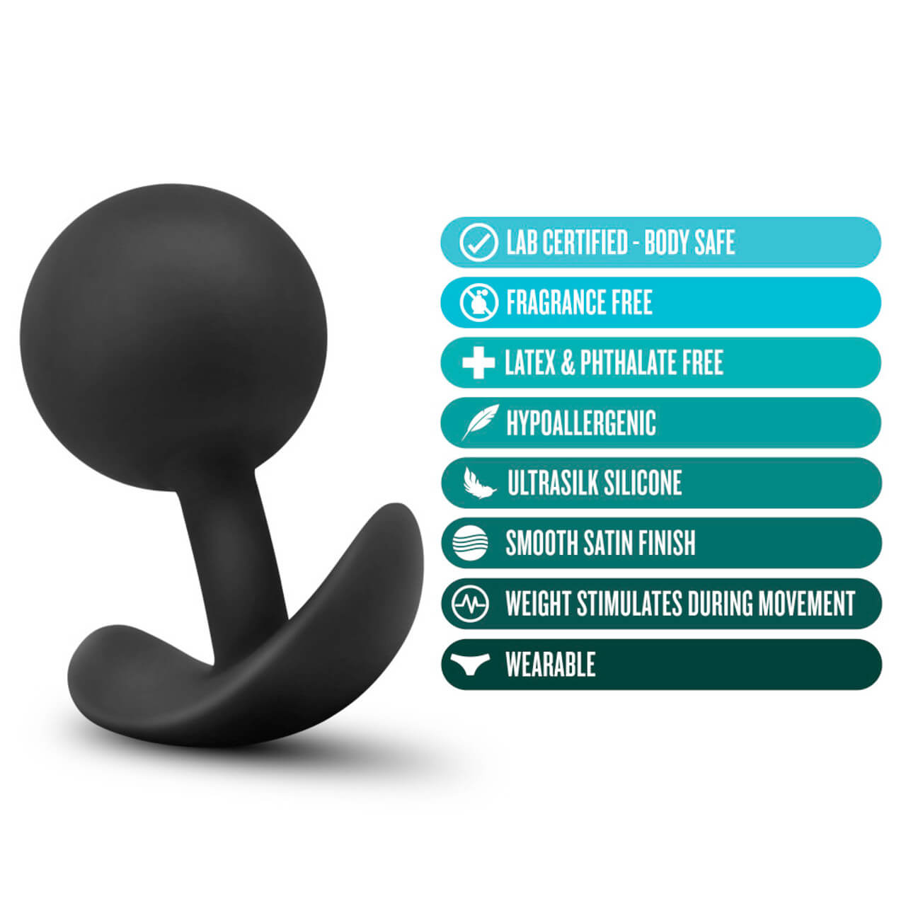 The Blush Vibra Round Butt Plug is shown next to a list of its features. It reads Lab Certified Body Safe, Fragrance Free, Latex and Phthalate Free, Hypoallergenic, Ultrasilk Silicone, Smooth Satin Finish, Weight Stimulates During Movement, and Wearable. | Kinkly Shop