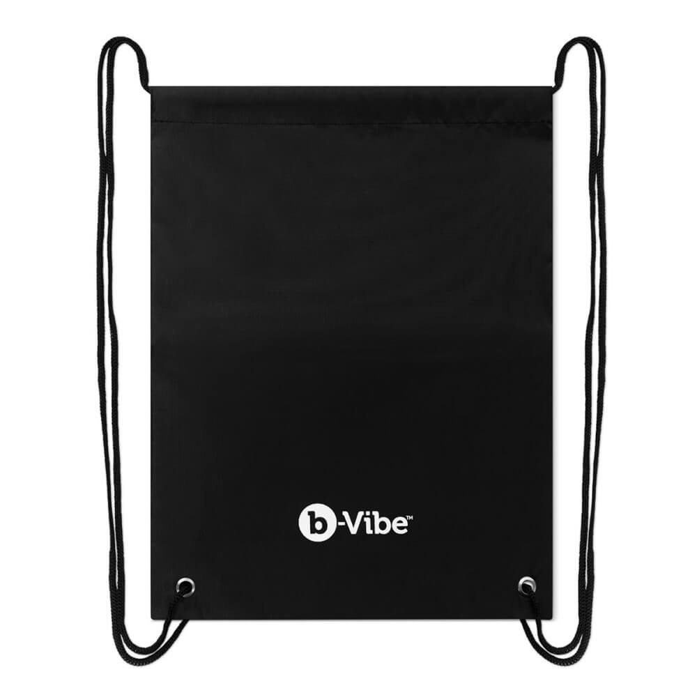 The drawstring backpack that houses all of the items included within the b-Vibe mASSter's Degree Anal Set. It is a plain black except for the "b-Vibe" logo in white emblazoned at the bottom of the bag. | Kinkly Shop