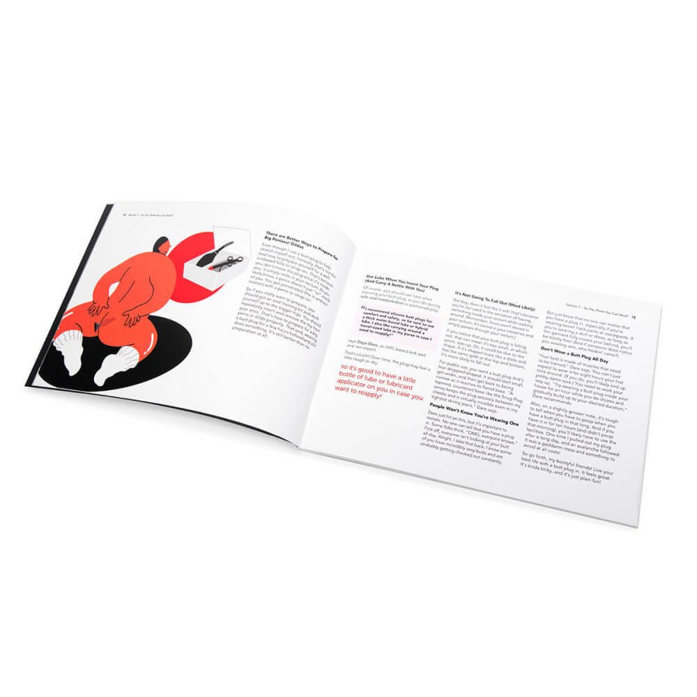 The illustrated how-to, color guide from the b-Vibe mASSter's Degree Anal Set. It is opened up to a random page which includes a lot of text about how to use the kit and an illustration in full color. | Kinkly Shop