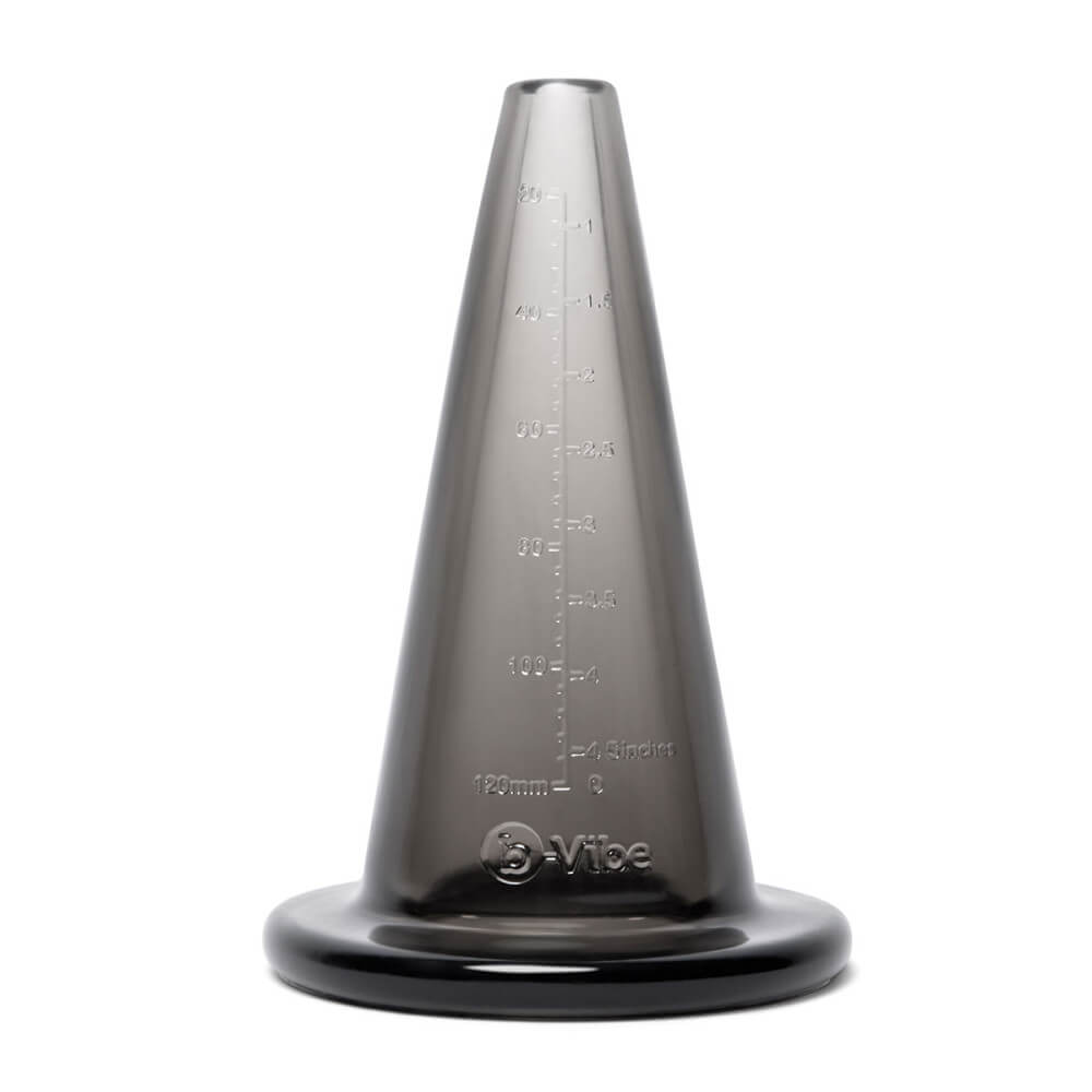 The b-Vibe mASSter's Degree Anal Set hollow cone up against a white background. It is made from a black, slightly see-through plastic. There are measurements along the entire length of the cone. | Kinkly Shop