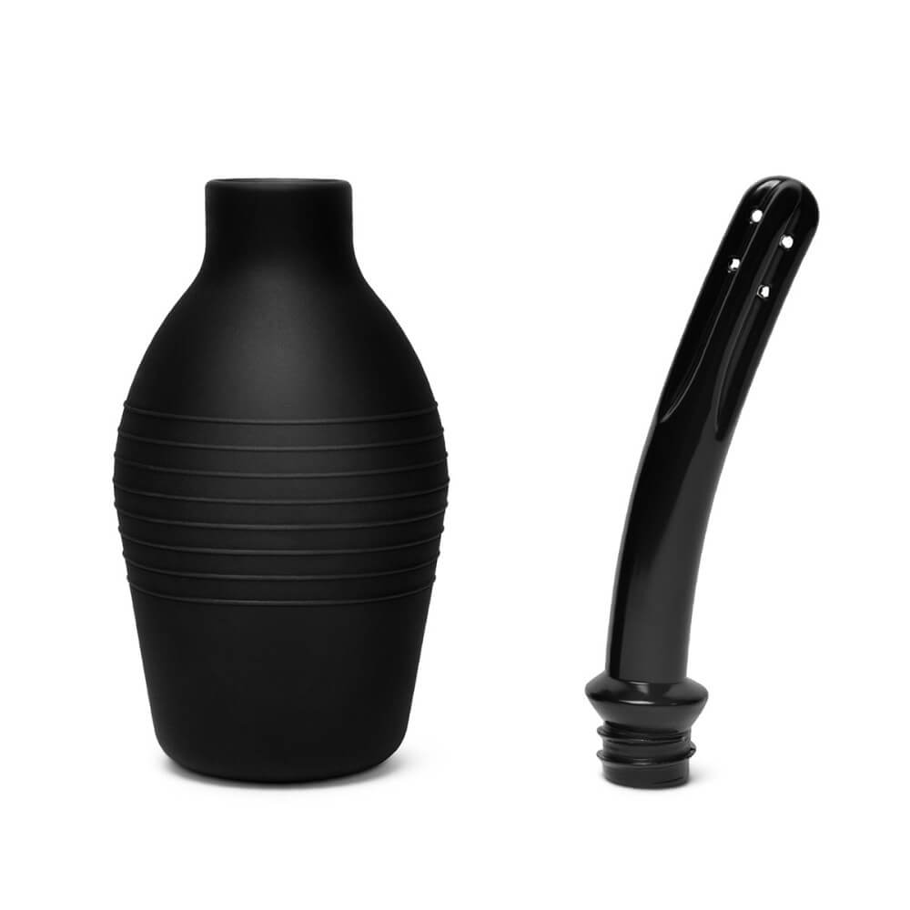A picture of the enema bulb and enema tip up against a white background. From the b-Vibe mASSter's Degree Anal Set | Kinkly Shop