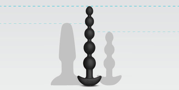 Illustration shows the b-Vibe Cinco Remote Control Rechargeable Beads next to the shadows of a standard butt plug and the b-Vibe Triplet butt plug. It shows how much longer the b-Vibe Cinco Remote Control Rechargeable Beads is compared to the other options. | Kinkly Shop
