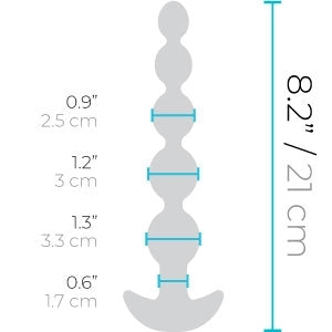 Image with measurements shows all of the measurements of the b-Vibe Cinco Remote Control Rechargeable Beads in a visual format. All of these same measurements are available in the written text. | Kinkly Shop