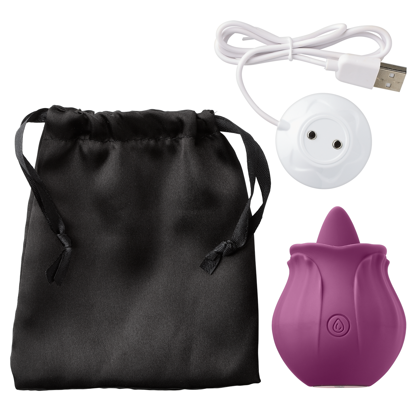 Lay flat image shows the Cloud 9 Flutter Tongue vibrator, vibrator storage bag, and vibrator charging cable | Kinkly Shop