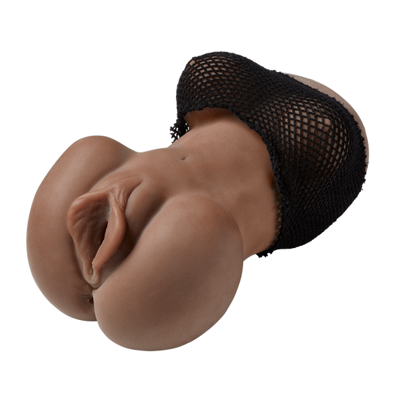 Close-up of the Cloud 9 Handheld Torso Stroker in Black while wearing its fishnet tube top decoration | Kinkly Shop