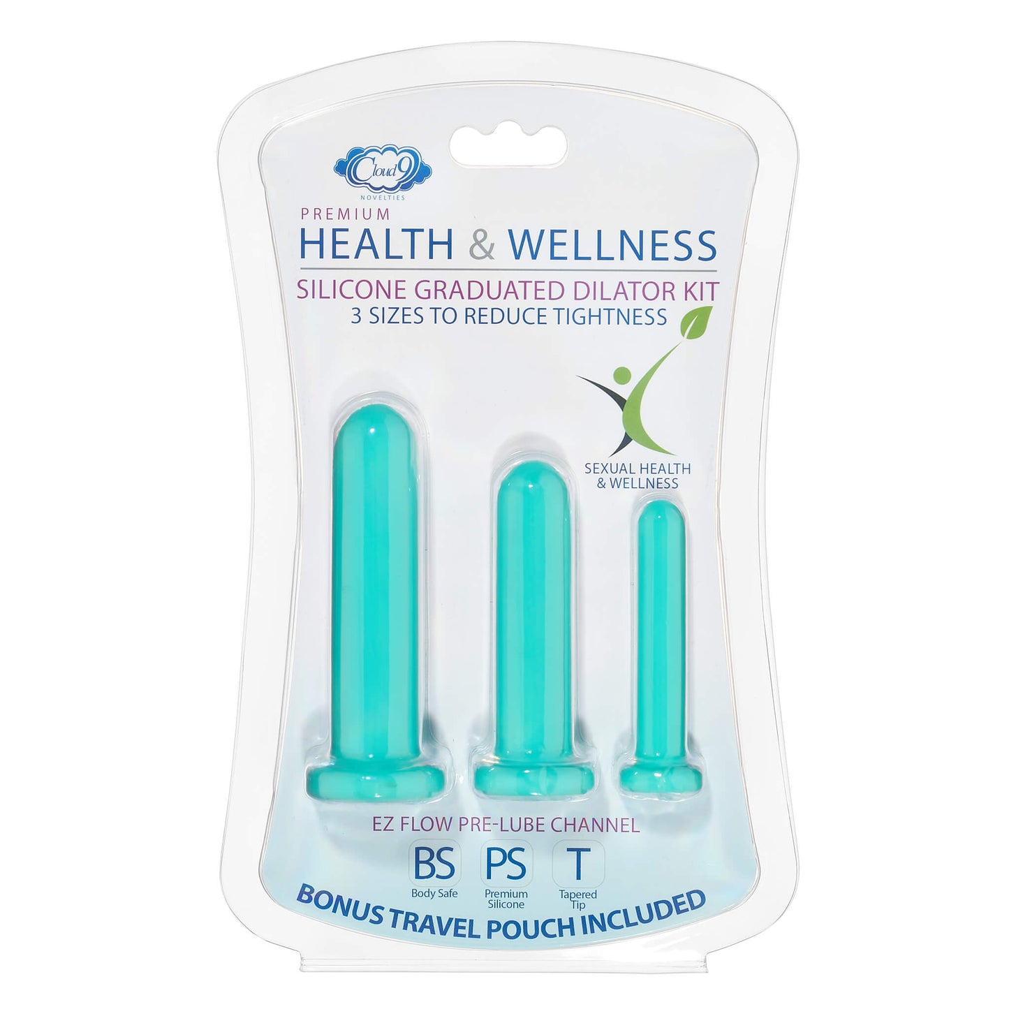 Packaging for the Cloud 9 Silicone Anal Dilator Kit and Vaginal Dilator Kit is a simple, modern clamshell packaging that clearly displays all three dilators. | Kinkly Shop