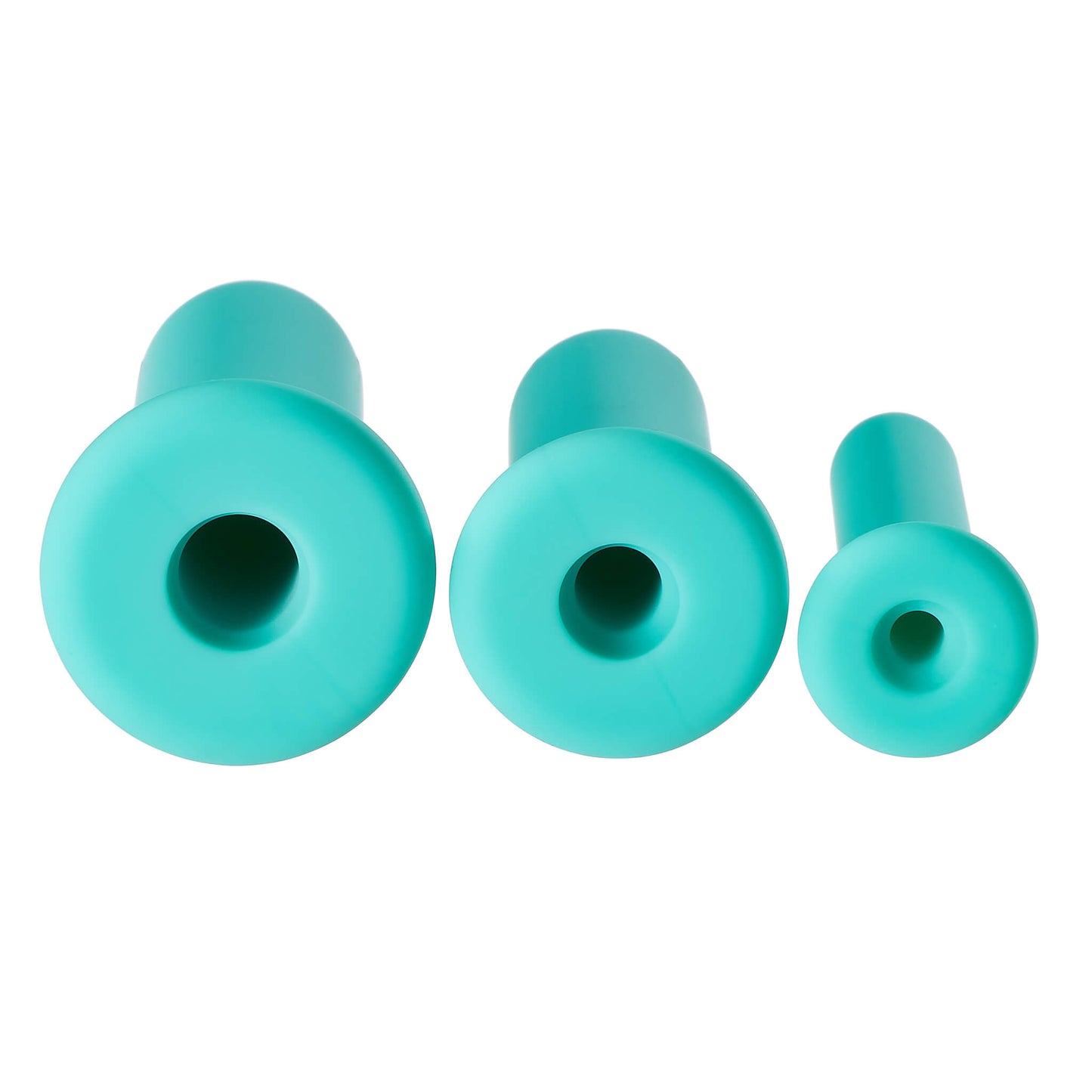 A view of the bases shows the large, open hole that goes into the hollow internal of the Cloud 9 Silicone Anal Dilator Kit and Vaginal Dilator Kit that allows the lubricant to flow through the dilator to reach the tip while inserted. | Kinkly Shop