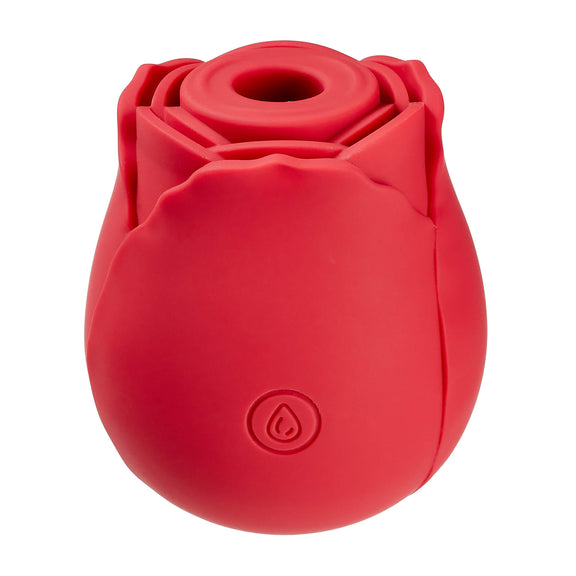 Cloud 9 Rose Suction Stimulator sitting against a white background. The air suction hole is fully visible on the top of the vibe. | Kinkly Shop