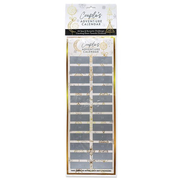 Couple's Advent-ure Calendar up against a black background. It looks like a long, rectangular item in white and gold coloration. There are 24 scratch-off "boxes" to scratch off to reveal the different challenges. | Kinkly Shop