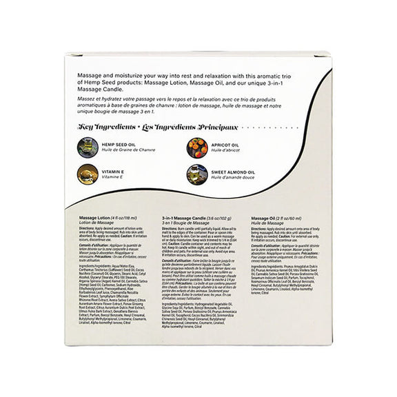 Backside of the Earthly Body Massage in a Box packaging. It features a lot of small text with no explicit photos. It looks like the backside of a modern personal care body set. | Kinkly Shop