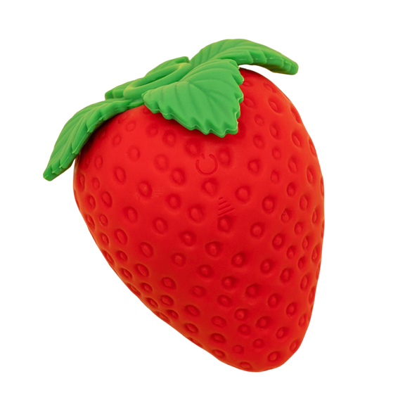 Emojibator Strawberry in front of a transparent background. It has four "leaves" at the tip of the vibrator with a genuine strawberry shape. The Strawberry includes "seed" puckering throughout the entire surface of it. The Power button and Level button can faintly be seen on the surface of the Strawberry in this photo. | Kinkly Shop