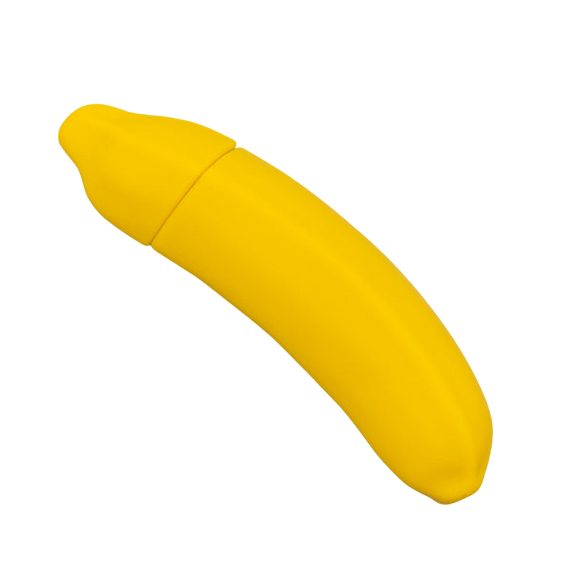 Emojibator Banana in front of a transparent background. It looks like a small, mini banana with a mostly-straight design with a slight curve. It's in a bright yellow that matches a banana yellow. | Kinkly Shop