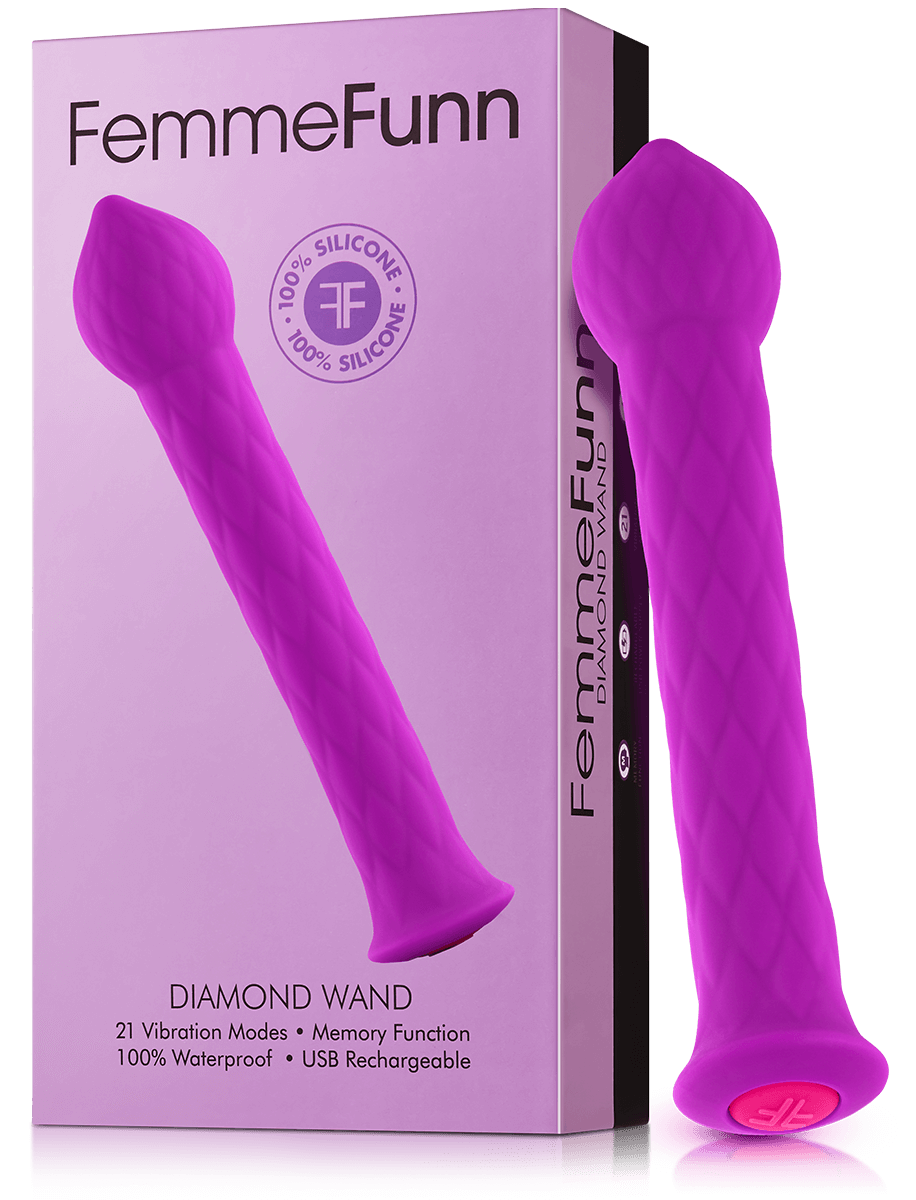 FemmeFunn Diamond Wand in Purple shown leaning up against its packaging | Kinkly Shop