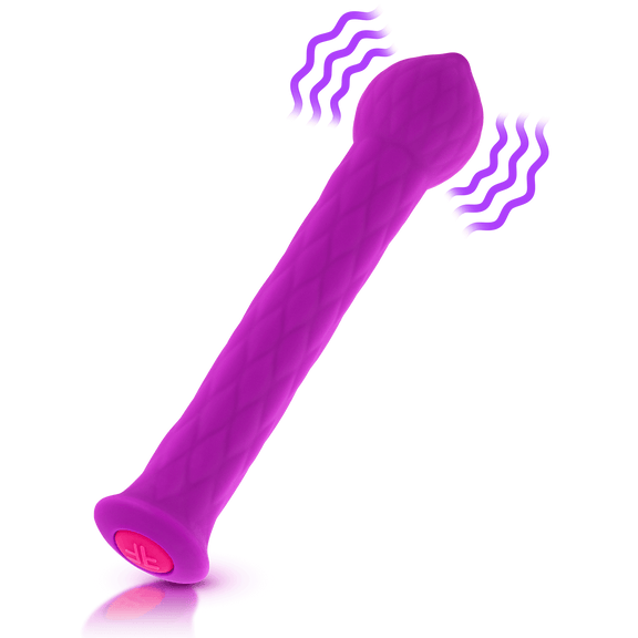 Picture of the FemmeFunn Diamond Wand with illustrations super-imposed on top of it. The illustrations show where the vibrations are located (in the bulbous tip of the vibrator) | Kinkly Shop