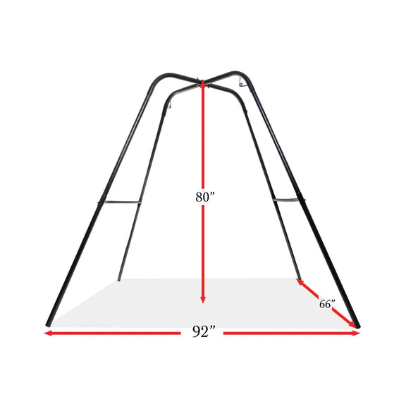 The Fetish Fantasy Series Sex Swing Stand in front of a white background without a swing hung on it. The measurements are superimposed over the image. All measurements are included within the text of the product description. | Kinkly Shop
