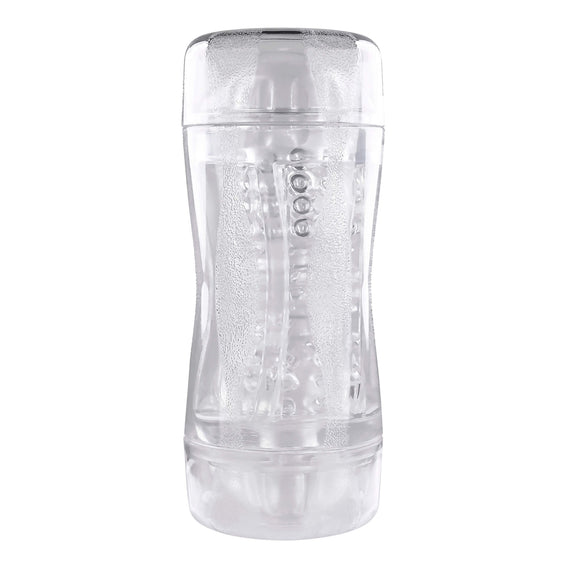 The Gender X Double Fantasy sitting upright against a white background. The see-through design of the stroker is obvious from this angle. | Kinkly Shop