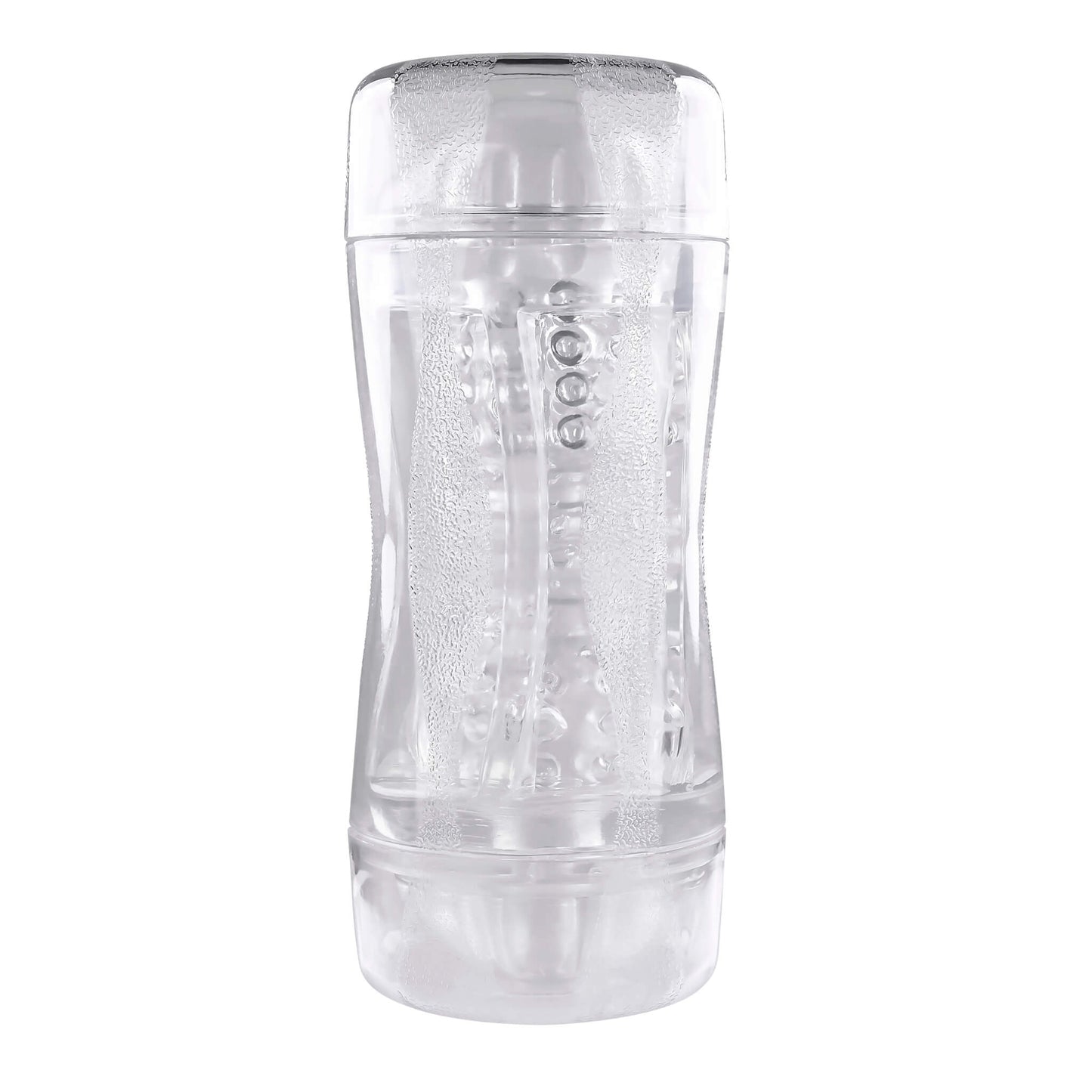 The Gender X Double Fantasy sitting upright against a white background. The see-through design of the stroker is obvious from this angle. | Kinkly Shop