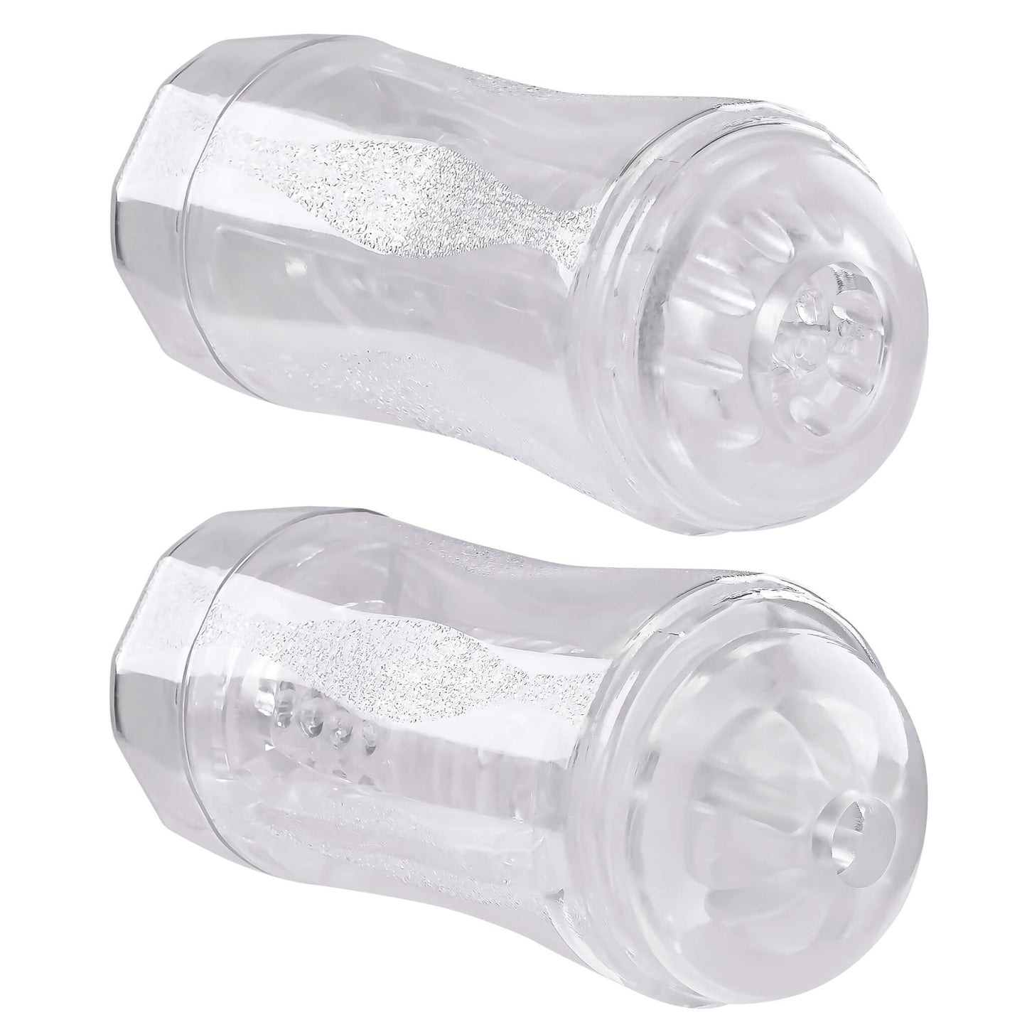 Two Gender X Double Fantasy strokers sit side by side against a white background. Their lids are removed, and each one is showcasing one of the two non-realistic entrances that can be found on the Gender X Double Fantasy. The two entrances look very different in width, visually. | Kinkly Shop