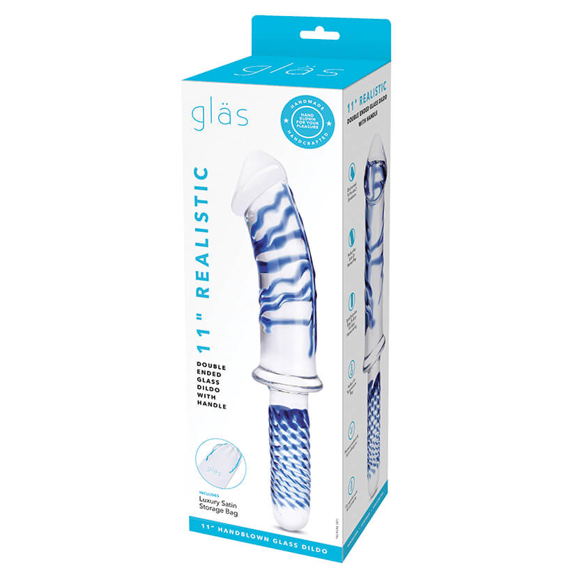 The packaging for the Glas Realistic Dildo with Handle Glass Dildo | Kinkly Shop