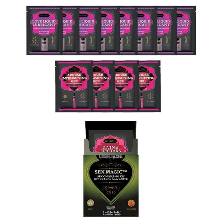 Kama Sutra Set-To-Go Kits in Sex Magic. The box is a deep, evergreen tree green. | Kinkly Shop