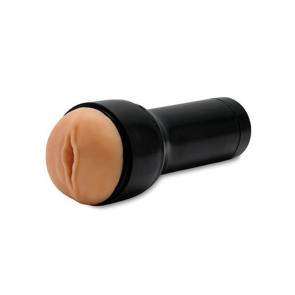 KIIROO RealFeel Generic Vulva in Light Brown. The stroker is laying at a 3/4ths angle to the camera against a white background. | Kinkly Shop