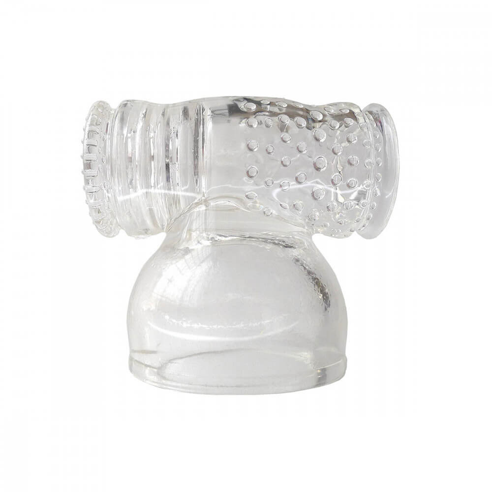 Side view of the Kinklab Hammerhead up against a white background. This view showcases the two different textures that the Kinklab Hammerhead has inside of it. One side has ribbing while the other side has protruding nubs. The material is see-through, and a penis could likely be viewed through the material during use. | Kinkly Shop