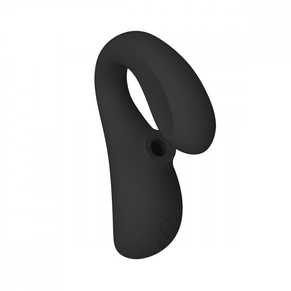 View of the LELO Enigma air suction dual stimulator shows both the g-spot insertable shaft and the air suction tip in one shot | Kinkly Shop