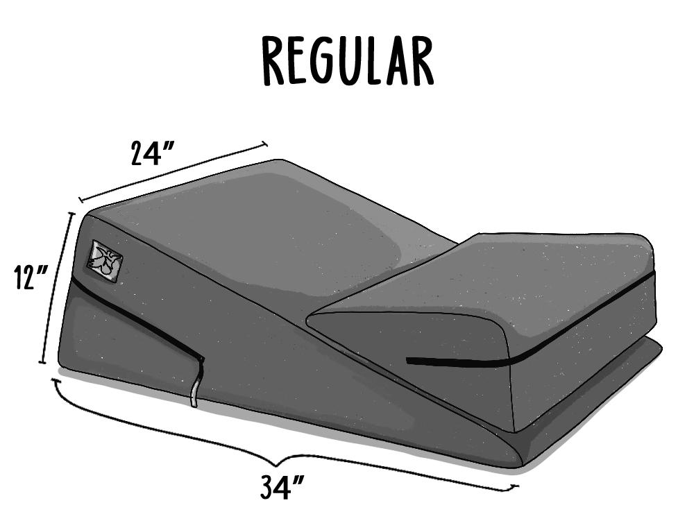 Measurements for the Wedge/Ramp standard size combo. The image says "Regular" at the top. Underneath that, it shows that the cushions are 24" across. The Liberator Ramp, which is the larger of the two, is 12" at its tallest point and 34" in length. | Kinkly Shop