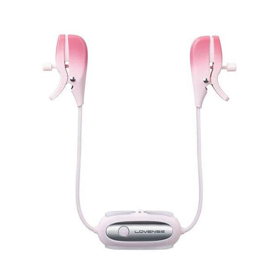 Lovense Gemini up against a white background. The two thick clamps are connected in the middle by a small control panel. | Kinkly Shop