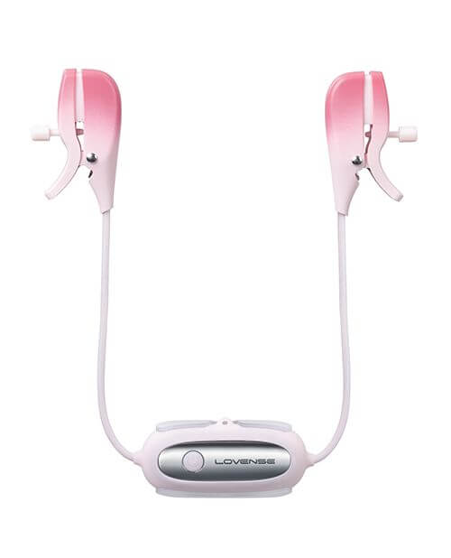 Lovense Gemini up against a white background. The two thick clamps are connected in the middle by a small control panel. | Kinkly Shop