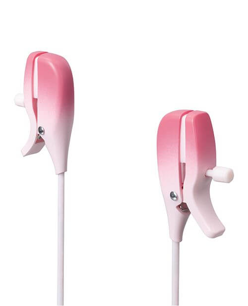 Close-up of the Lovense Gemini remote control nipple clamps. This showcases the adjustable "pin" that allows you to adjust how tight or loose each nipple clamp will tighten. | Kinkly Shop