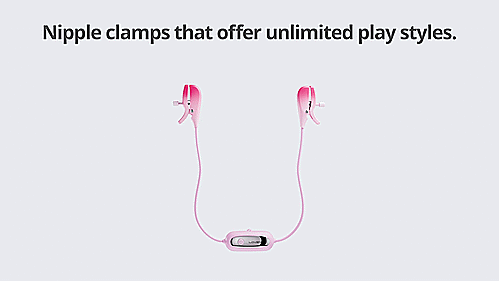 GIF of the Lovense Gemini remote control nipple clamps. The text on the GIF reads "Nipple clamps that offer unlimited play styles", and the nipple clamps do a 180-degree turn to showcase all sides of the clamps. | Kinkly Shop
