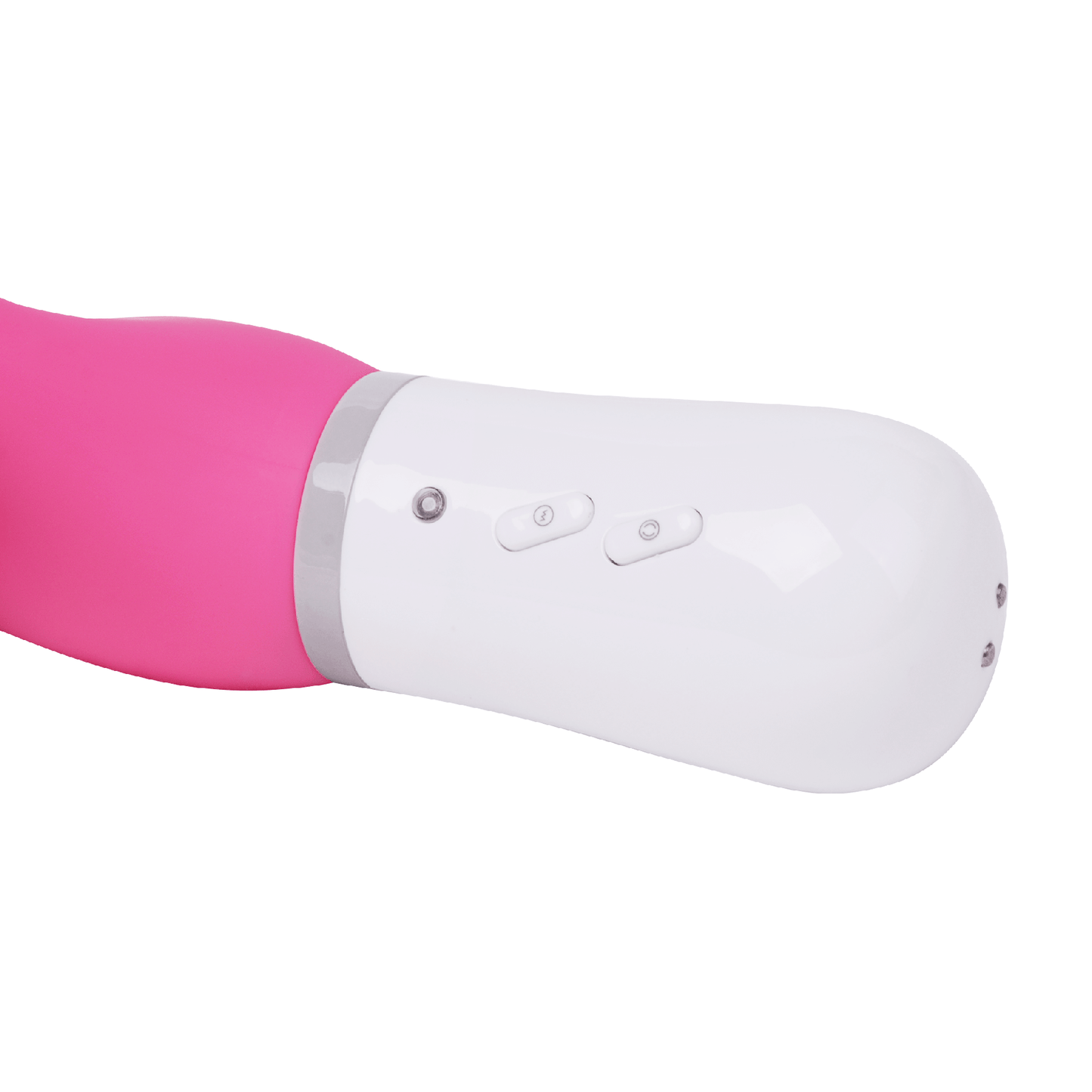 Close-up of the buttons on the base of the Lovense Nora. There are two, small, plastic buttons there. A small LED light is near the buttons. The two magnetic prongs of the charging base are barely visible in the corner of the photo. | Kinkly Shop