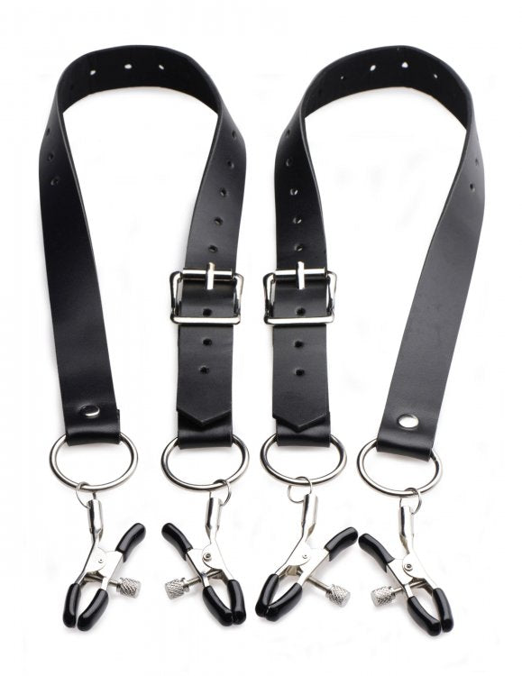 Master Series Labia Spreader with Clamps sitting out to show the adjustable strap that connects to the O-ring that connects to an adjustable clamp on each side of the strap | Kinkly Shop