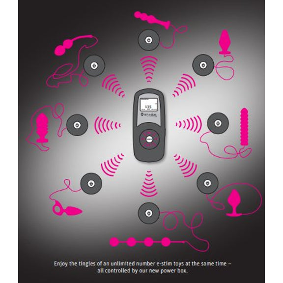 Illustration of the Mystim Cluster Buster and all of the Mystim toys around it. The illustration of the Cluster Buster is in the middle, and multiple toys are shown surrounding it, attached wirelessly to the Sultry Sub. This showcases how the Sultry Sub controls the toys themselves, but it doesn't require a wire to run from the Cluster Buster to the Sultry Sub. Text on the image reads: "Enjoy the tingles of an unlimited numbr of e-stim toys at the same time - all controlled at the same time" | Kinkly Shop