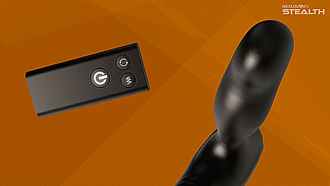 GIF shows the tip of the rotating Nexus REVO Stealth as it rotates. The remote is briefly shown in frame as controlling the rotating tip. Text on the GIF reads "Bi rotational shaft. 2 Speeds for a firm prostate massage." | Kinkly Shop