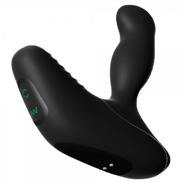 Close-up of the base of the Nexus REVO Stealth. This angle shows the two control buttons near the tip of the base (for vibrations and rotations) as well as the two magnetic ports that function as the charging ports for the magnetic charger. | Kinkly Shop