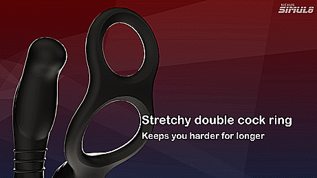 GIF with the Nexus Simul8. There's a close-up on the double cock rings with the prostate massager shaft seen in the background. Text on the GIF states "Stretchy double cock ring. Keeps you harder for longer." | Kinkly Shop