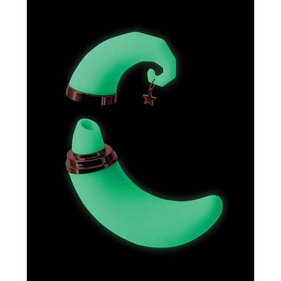 The NS Novelties Firefly Dream Glow up against a black background. The toy glows green with its glow-in-the-dark material. The lid is removed from the air suction tip, leaving the base of the toy as a half-moon "handle" that caps off in an air suction tip. | Kinkly Shop