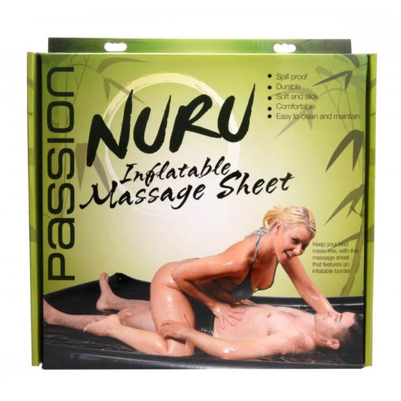Packaging for the Nuru Inflatable Vinyl Massage Sheet. It shows a couple utilizing the mat in their swimsuits. The tall person laying flat on the mat easily fits within the confines of the mat - even with their legs spread. | Kinkly Shop