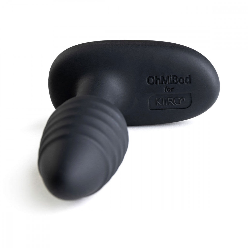 Close-up of the base of the OhMiBod Lumen textured butt plug shows the words "OhMiBod for KIIROO" are etched into the base. | Kinkly Shop