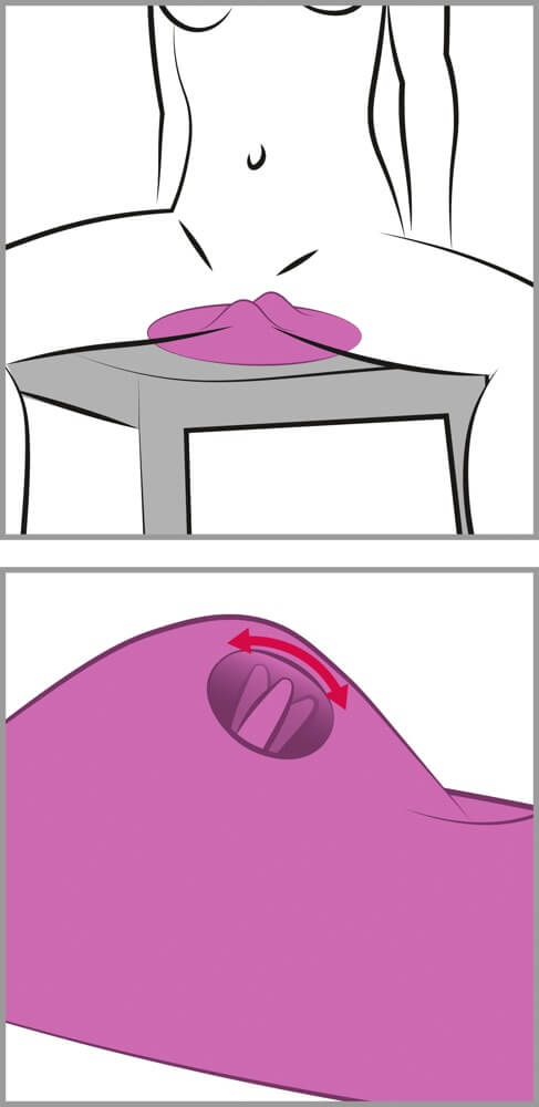 Two illustrations for the Orion VibePad 2. The top illustration shows someone sitting on top of the Orion VibePad 2 on top of a chair. The second illustration shows the flicking tongue moving back and forth Orion VibePad 2. | Kinkly Shop