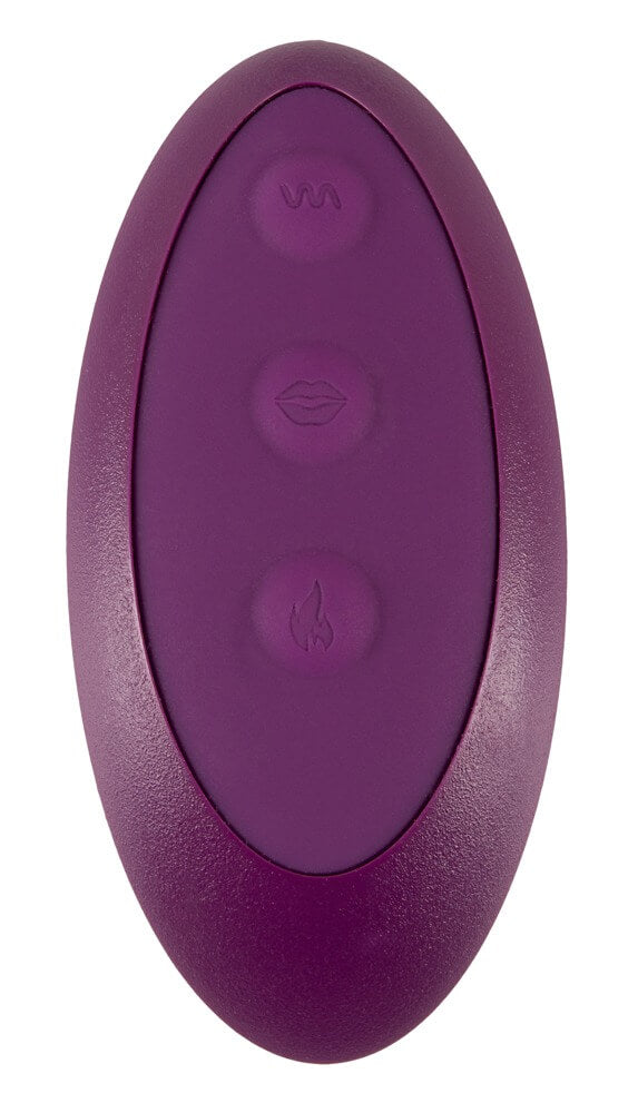 A close-up of the remote for the Orion VibePad 2. There are three buttons on the remote. The top button controls the vibration modes, the second button controls the flicking tongue, and the third button controls the heating function. | Kinkly Shop