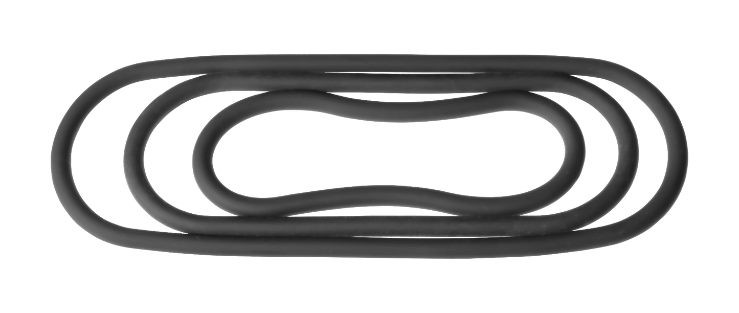 The Perfect Fit Slim Wrap Cock Rings are laid out looking like circles. Each one of the cock rings is placed inside of each other. So the largest cock ring is the largest loop while the medium cock ring is placed inside that loop. Then the small cock ring is placed in the middle of all of the loops. This shows the differences in lengths between the three cock rings. | Kinkly Shop