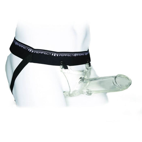 The Perfect Fit Zoro Knight being worn while in the strap-on harness. The harness looks elastic and extremely comfortable. | Kinkly Shop