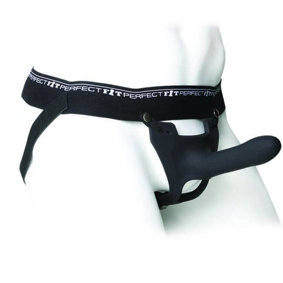 The Perfect Fit Zoro being worn in the strap-on harness. The harness is elastic and looks comfortable like a pair of underwear. | Kinkly Shop