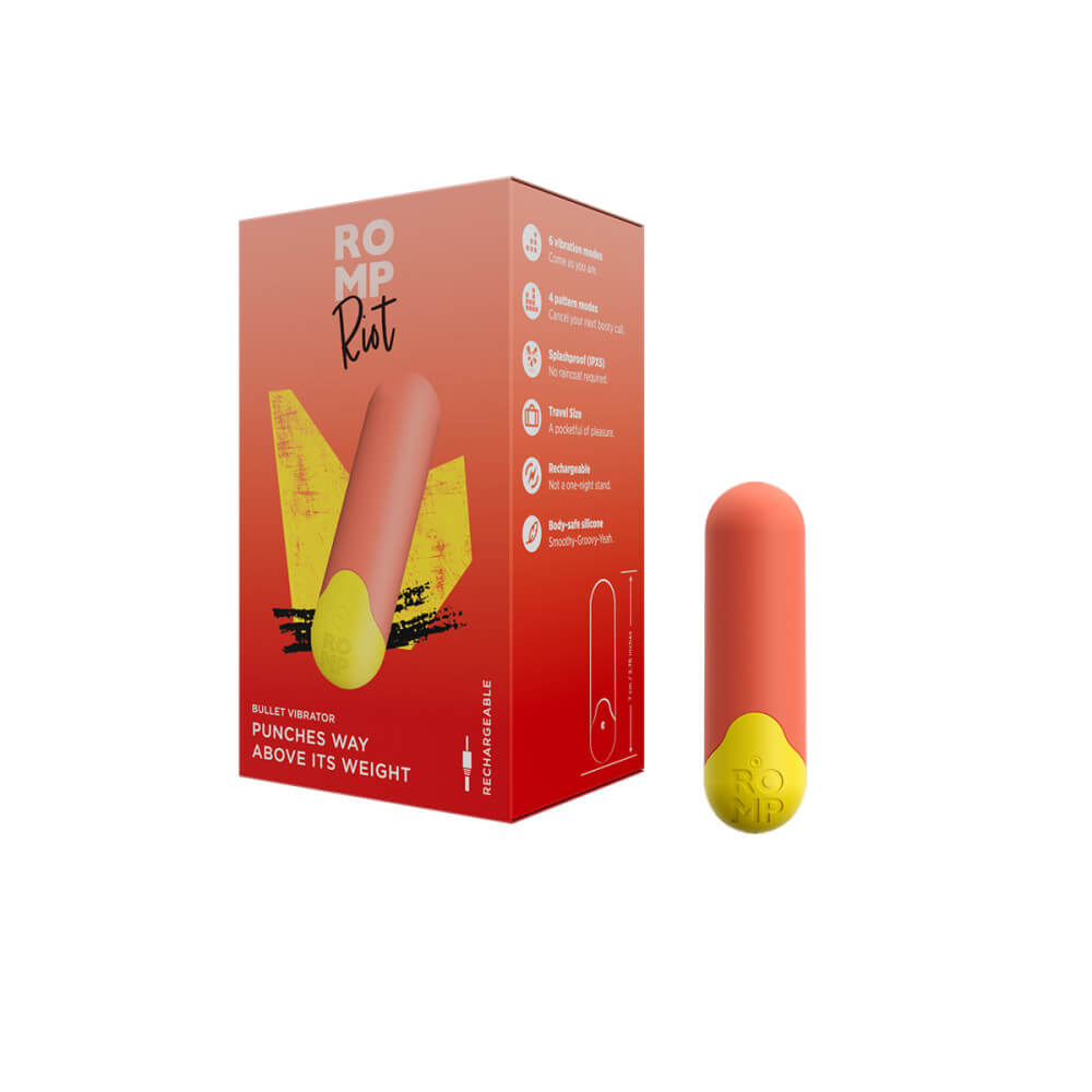The ROMP Riot sitting out against a white background. It sits next to the orange packaging. | Kinkly Shop