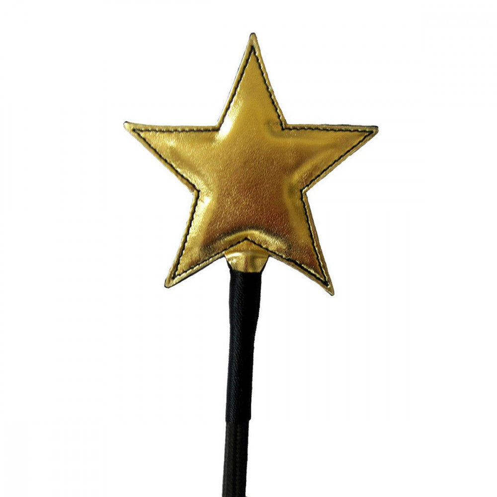 Close-up detail shot of the Ruff Doggie Styles Gold Star Crop that shows the plushiness of the gold star tip and its perfectly sewed black embroidering edging | Kinkly Shop