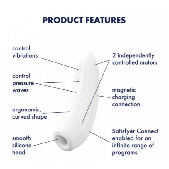Satisfyer Curvy+ Vibrator is shown in the middle of the image. Image is titled "Product Features". Features pointed to by arrows include control vibrations, control pressure waves, ergonomic curved shape, smooth silicone head, 2 independently controlled motors, magnetic charging connection, and Satisfyer Connect enabled for an infinite range of programs. | Kinkly Shop